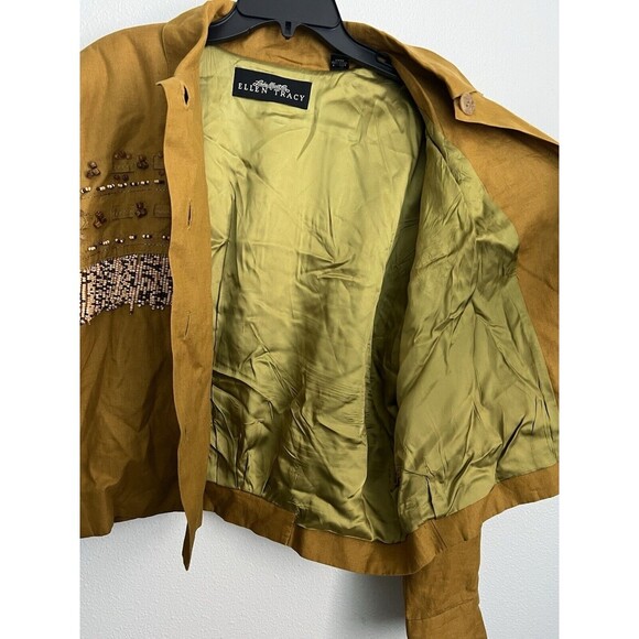 VTG Linen Beaded Cropped Oversized Jacket Mustard ButtonUp Cowgirl Boho Western - Picture 13 of 15